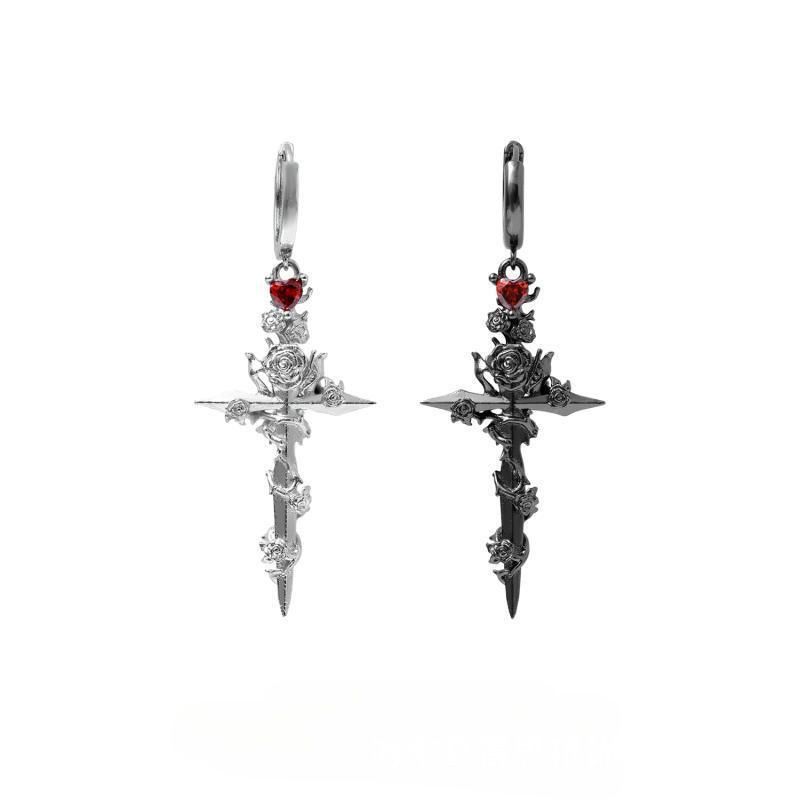 1 Paar Gotisch Kreuzen Rose Sterling Silber Tropfenohrringe