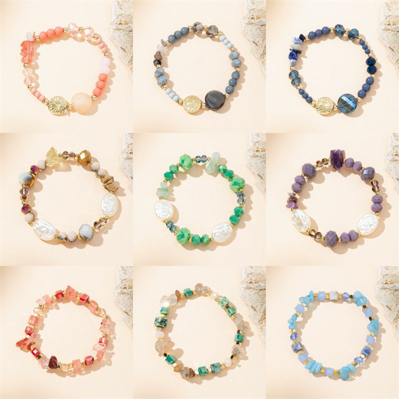 Simple Style Round Artificial Crystal Natural Stone Beaded Women's Bracelets