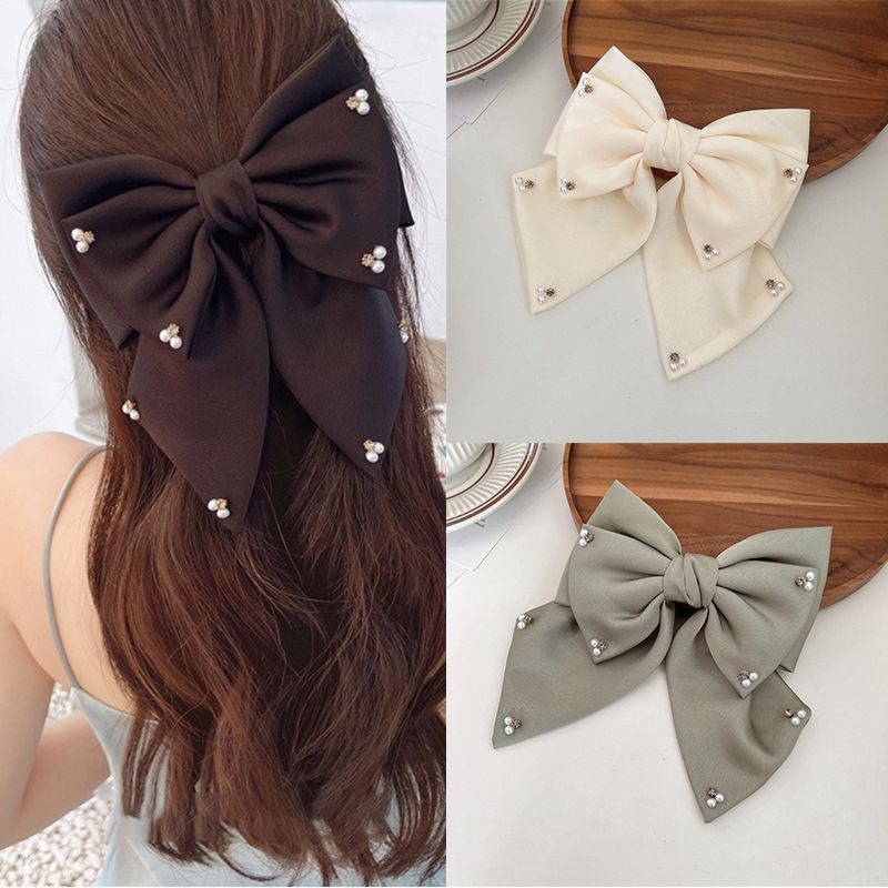 Women's Simple Style Bow Knot Cloth Rhinestones Pearl Hair Clip
