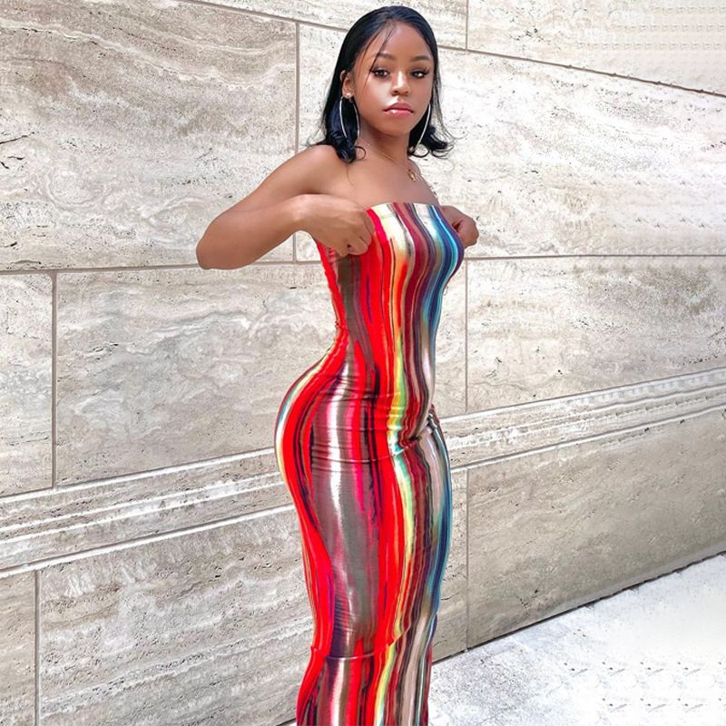 Women's Regular Dress Sexy Strapless Printing Sleeveless Printing Color Block Maxi Long Dress Daily Street