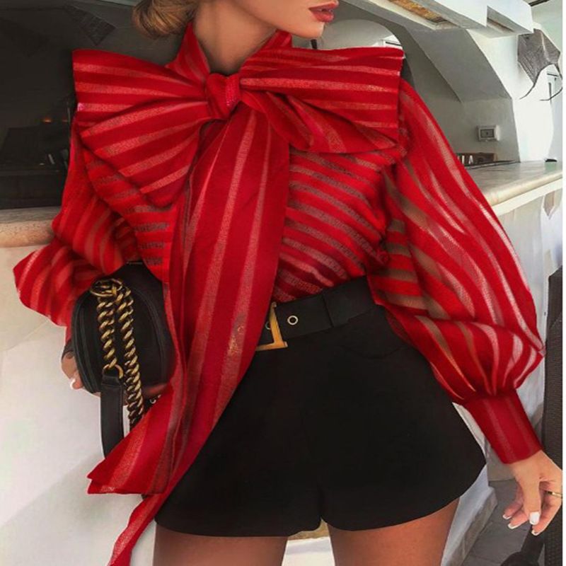 Women's Blouse Long Sleeve Blouses Printing Bowknot Elegant Solid Color