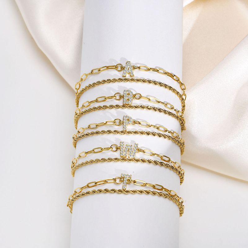 201 Stainless Steel 18K Gold Plated IG Style Inlay Letter Zircon Bracelets
