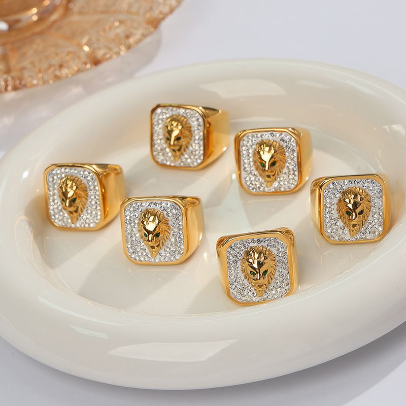 Acero Titanio Chapados en oro de 18k Estilo Vintage Animal León Embutido Tallado Diamantes De Imitación Anillos