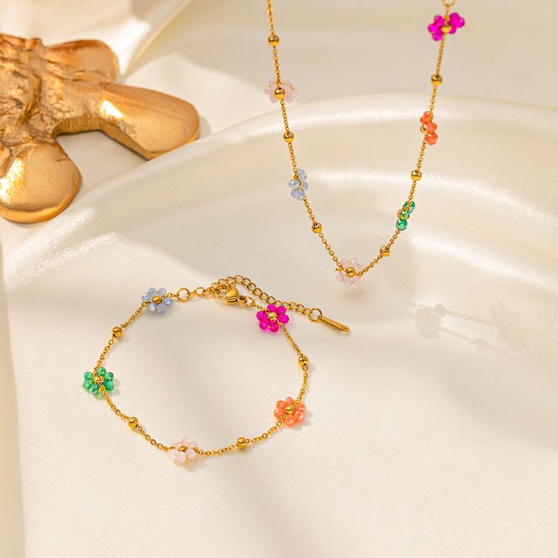 304 Stainless Steel 18K Gold Plated Pastoral Patchwork Inlay Plant Flower Artificial Gemstones Jewelry Set