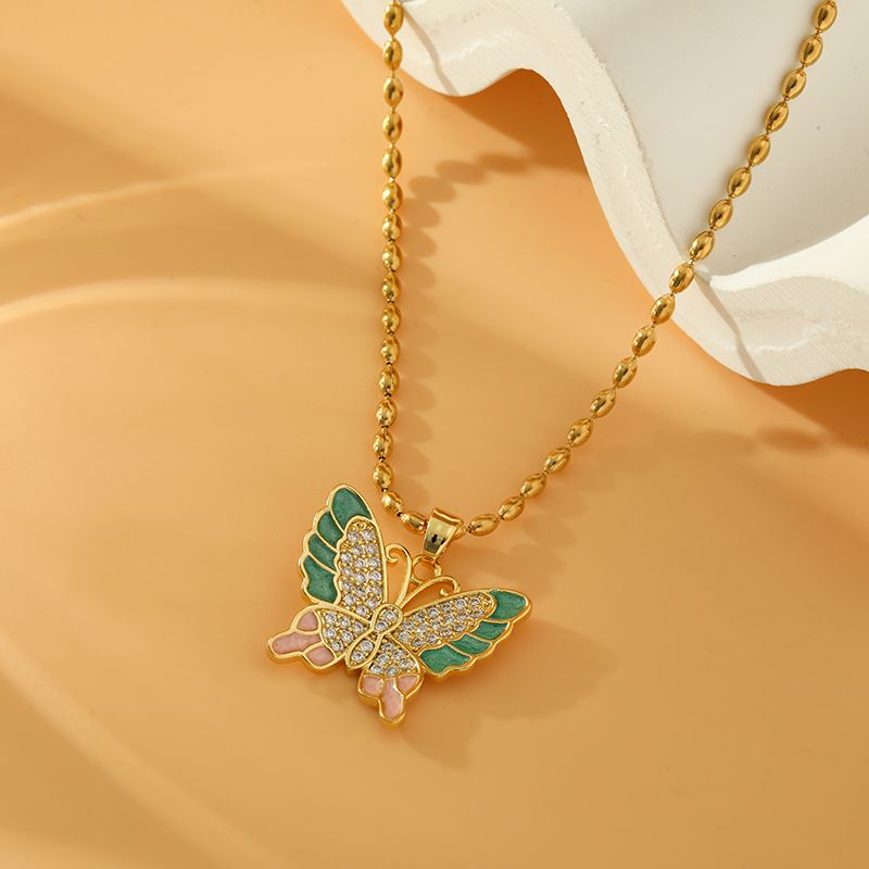 Wholesale Sweet Butterfly Stainless Steel Copper Inlay 18K Gold Plated Zircon Pendant Necklace
