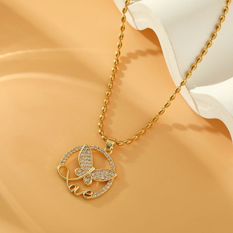 Stainless Steel Titanium Steel 18K Gold Plated Simple Style Inlay Butterfly Zircon Pendant Necklace