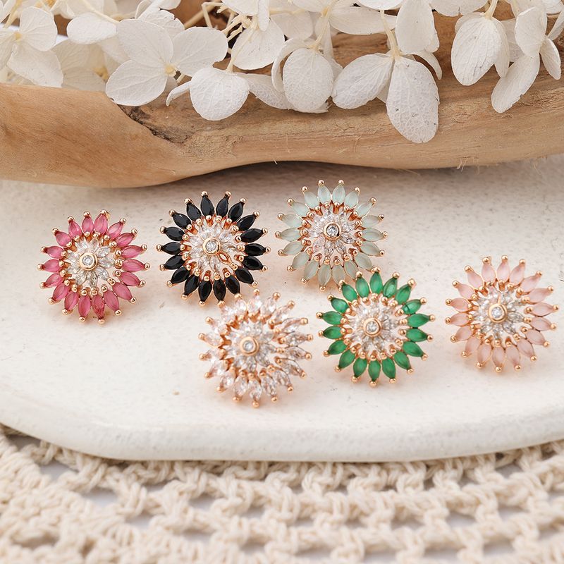1 Pair IG Style Sweet Shiny Flower Hollow Out Inlay Copper Zircon Rose Gold Plated Ear Studs