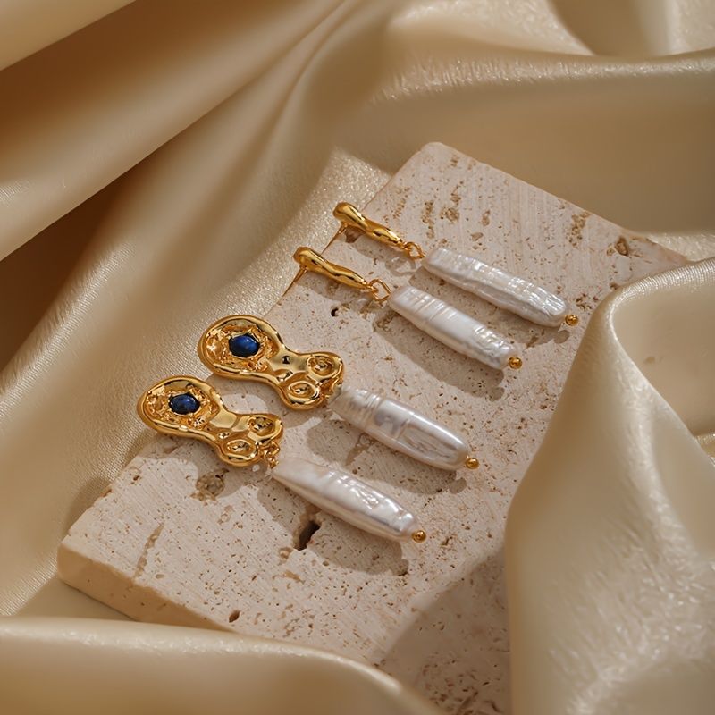 1 Par Elegante Geométrico Embutido Perlas De Agua Dulce Cobre Lapislázuli Chapado En Oro De 18 Quilates. Pendientes De Gota