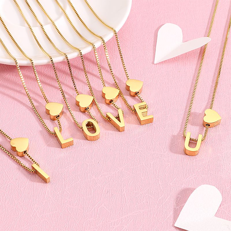 Stainless Steel 18K Gold Plated Basic Letter Heart Shape Pendant Necklace