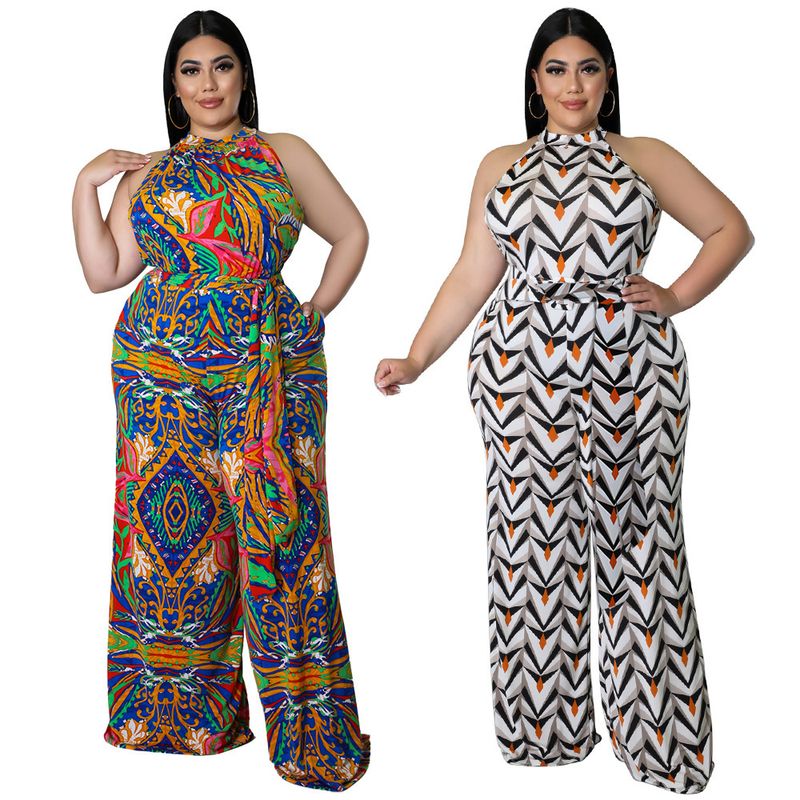 Women's Daily Vintage Style Color Block Full Length Printing Jumpsuits