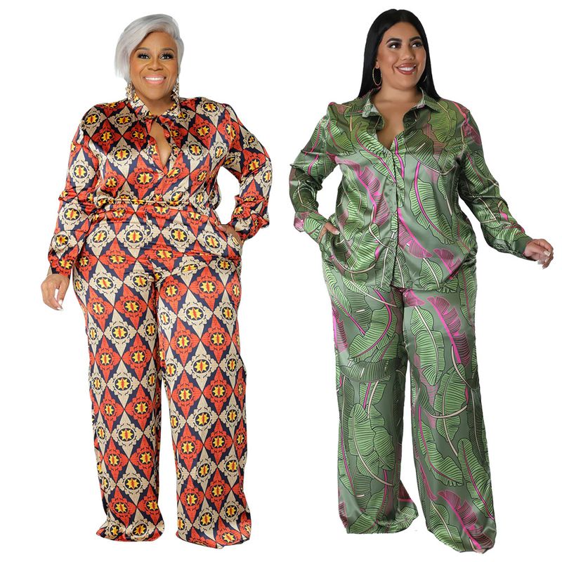 Daily Retro Printing Spandex Polyester Pants Sets Plus Size Two-piece Sets