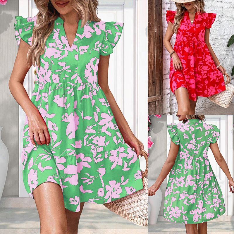 Women's Regular Dress Elegant V Neck Printing Ruffles Short Sleeve Color Block Above Knee Daily