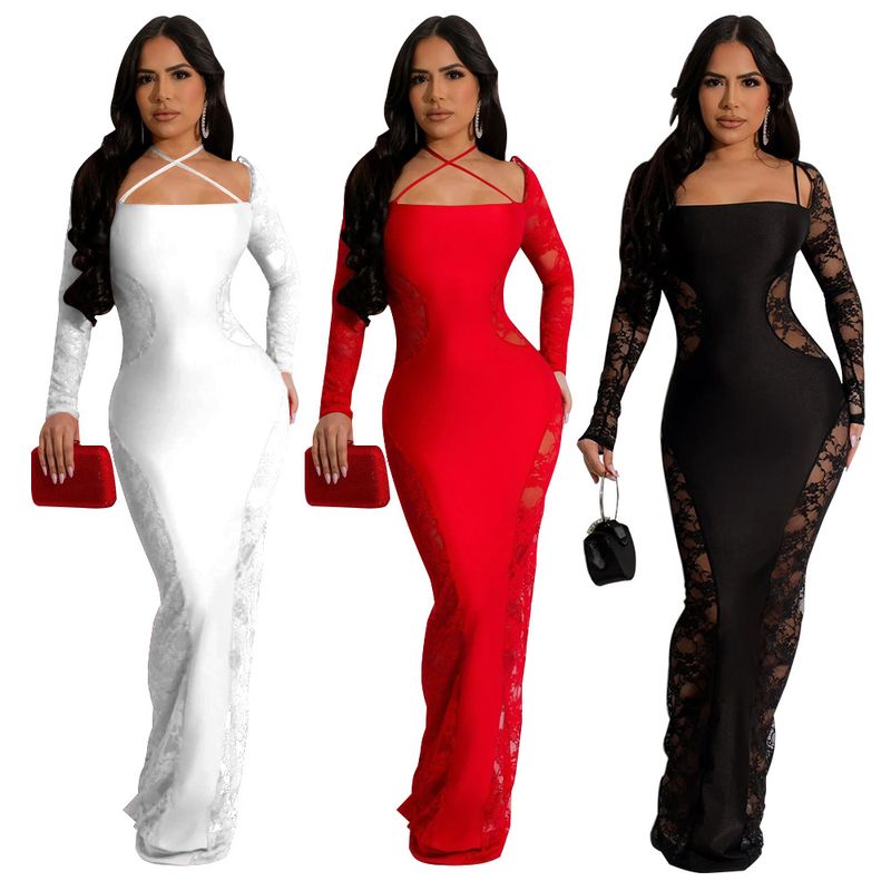 Women's Sheath Dress Elegant Streetwear Square Neck Long Sleeve Solid Color Maxi Long Dress Daily