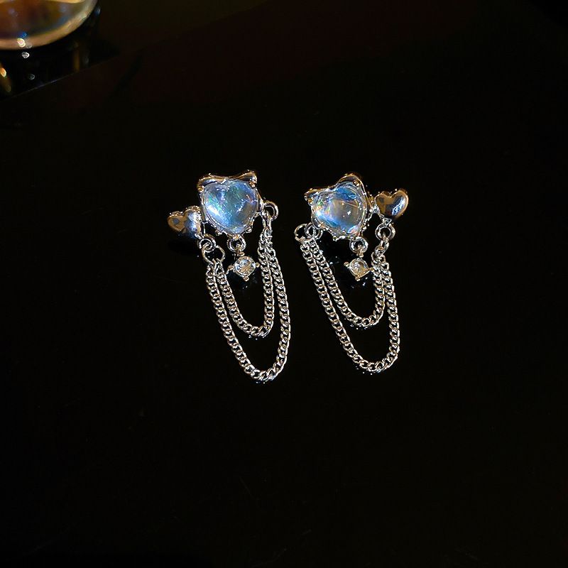 1 Pair Sweet Simple Style Heart Shape Plating Alloy Rhinestones Glass Drop Earrings