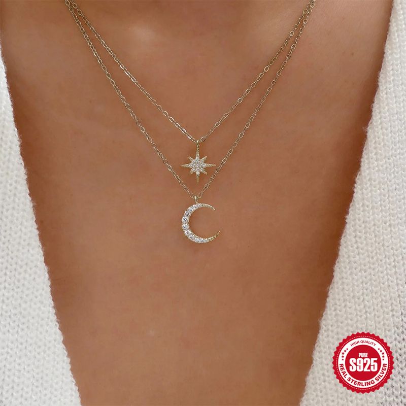 Sterling Silber Einfacher Stil Stern Mond Überzug Inlay Zirkon Doppellagige Halsketten