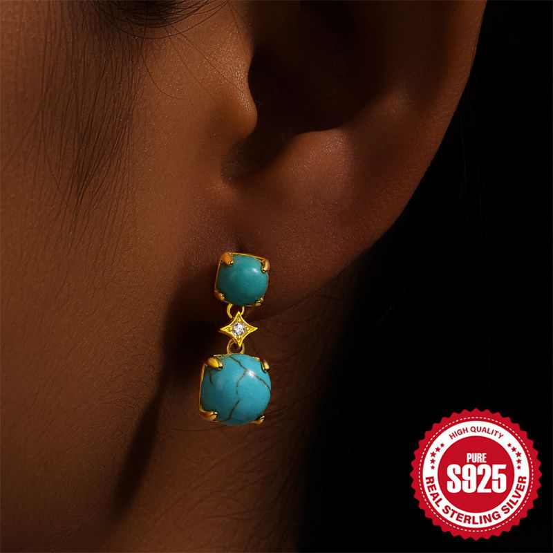1 Paire Style Simple Géométrique Placage Incruster Argent Sterling Turquoise Zircon Boucles D'oreilles