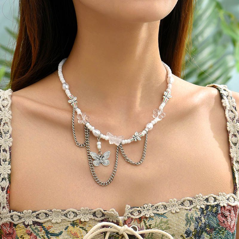 Retro Ethnic Style Butterfly Alloy Beaded Plating Women's Necklace