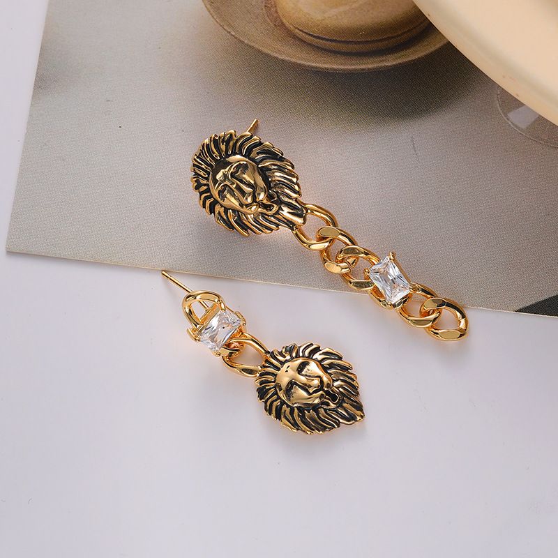 1 Pair IG Style Hip-Hop Vintage Style Lion Asymmetrical Inlay Copper Zircon 18K Gold Plated Drop Earrings