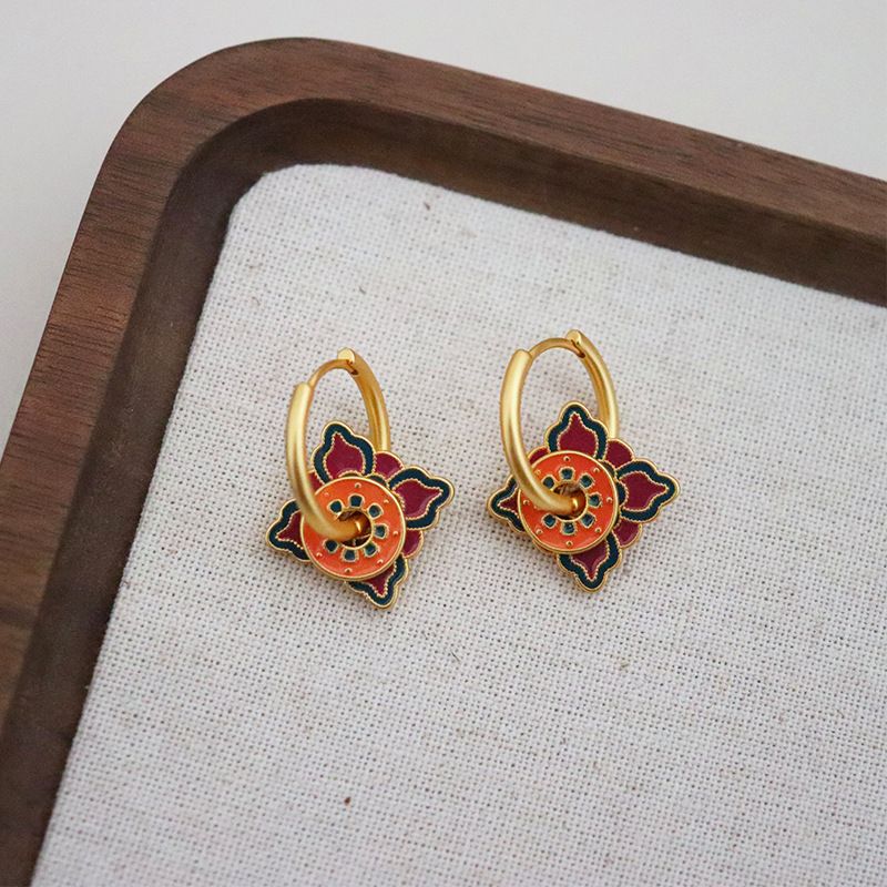 1 Pair Chinoiserie Geometric Enamel Copper Drop Earrings