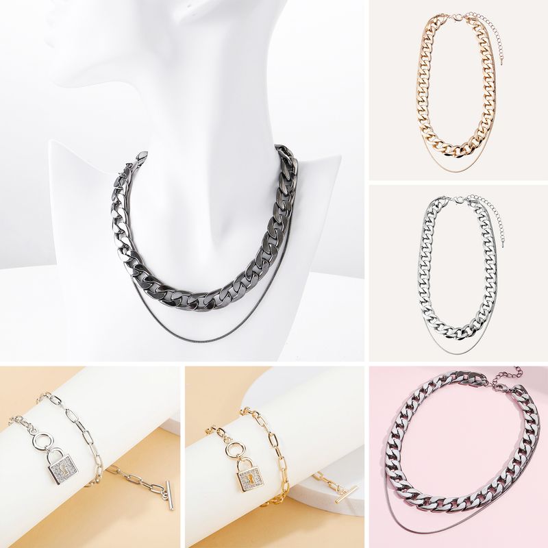 Wholesale Vintage Style Simple Style Classic Style Solid Color Lock Copper Toggle Inlay Gold Plated Rhodium Plated Silver Plated Zircon Double Layer Necklaces Pendant Necklace