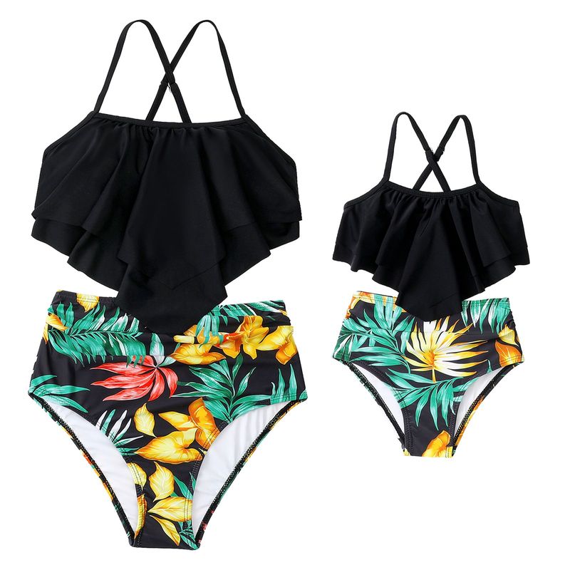 Madre E Hija Playa Estilo Moderno Impresión Color Sólido Juego De 2 Piezas Bikinis Traje De Baño