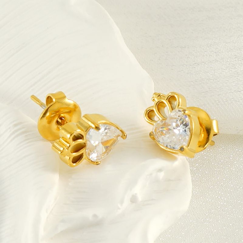 1 Pair Queen Shiny Heart Shape Crown Inlay 304 Stainless Steel Zircon 18K Gold Plated Ear Studs