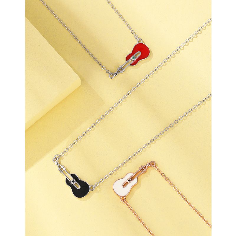 Argent Sterling Style Simple Guitare Émail Placage Collier