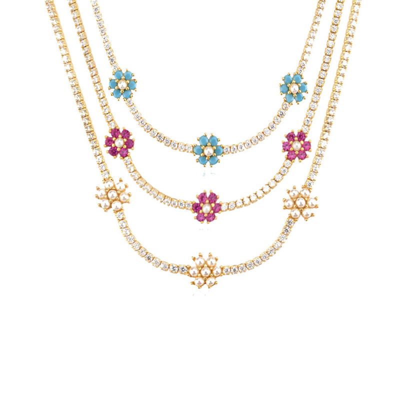 Sterling Silver 18K Gold Plated Simple Style Flower Inlay Artificial Pearls Zircon Necklace