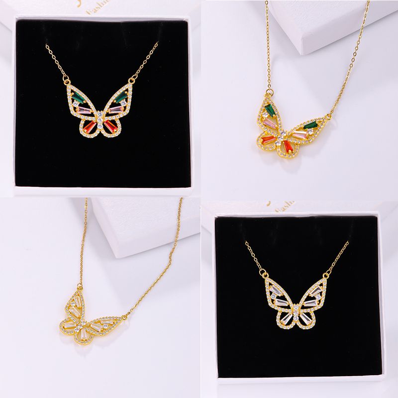 Elegant Butterfly Stainless Steel Artificial Gemstones Copper Inlay Zircon 18K Gold Plated Women's Pendant Necklace