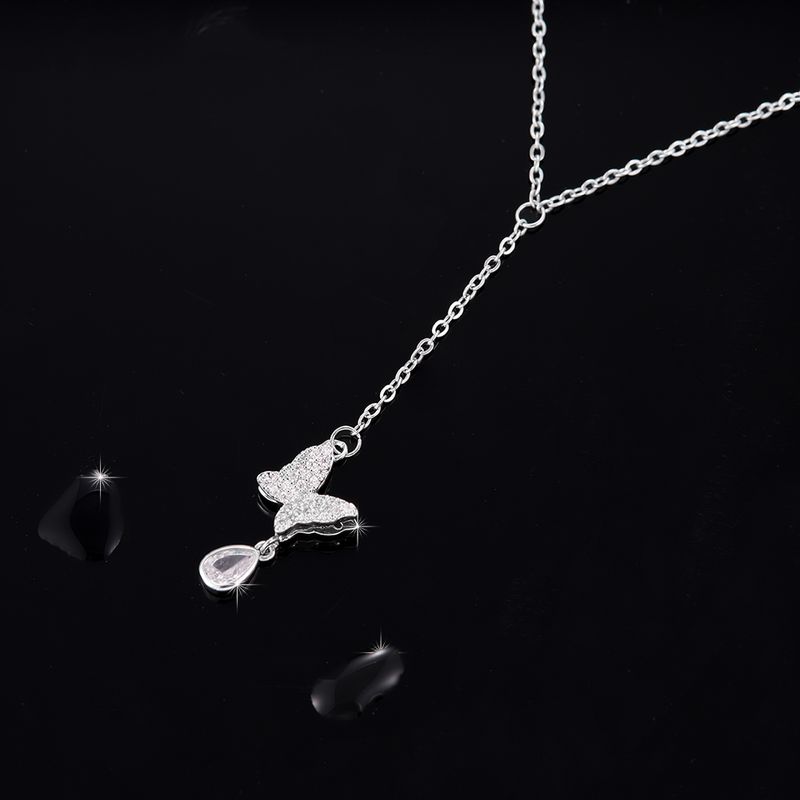 Wholesale Simple Style Butterfly Stainless Steel Copper Inlay White Gold Plated Zircon Pendant Necklace