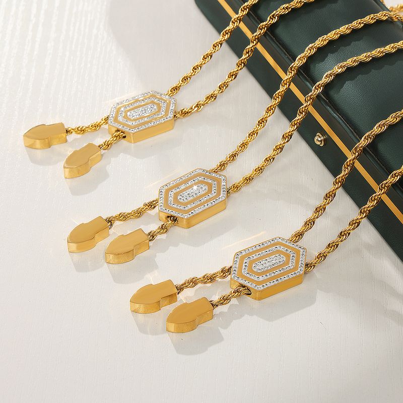 Titanium Steel 18K Gold Plated Retro Simple Style Commute Hexagon Twist Chain Inlay Rhinestones Bracelets Necklace