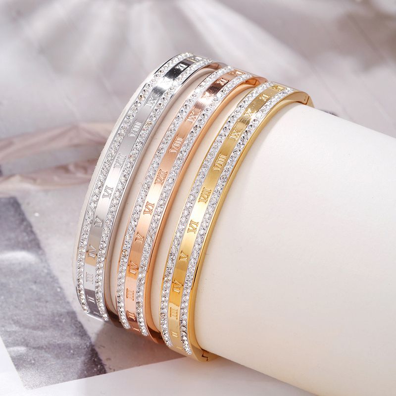 Stainless Steel 18K Gold Plated Rose Gold Plated Elegant Punk Simple Style Roman Numeral Inlay Rhinestones Zircon Bangle
