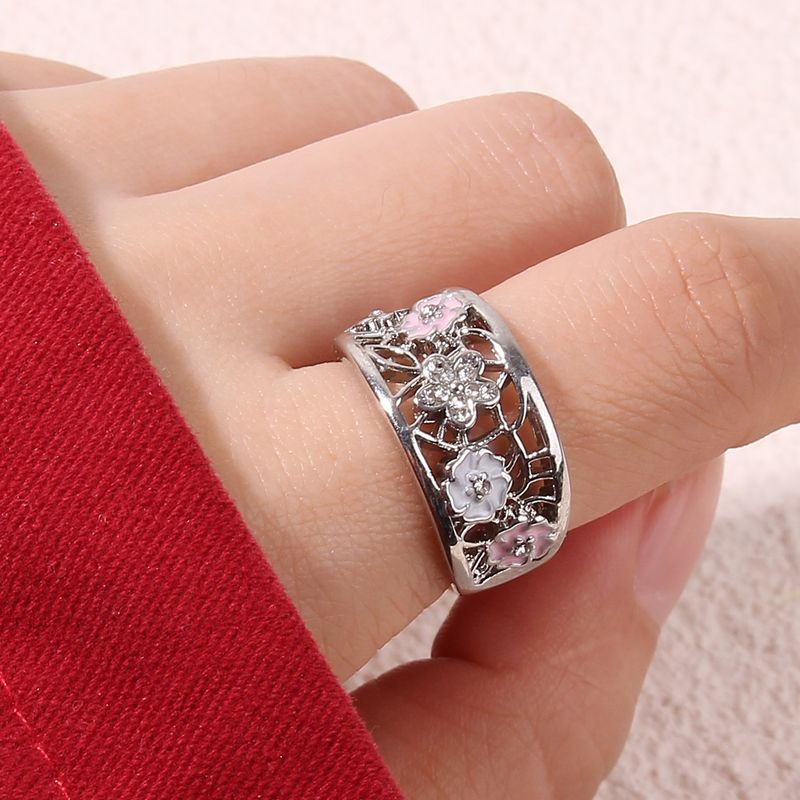 Wholesale Jewelry Elegant Romantic Sweet Flower Alloy Zircon Rhodium Plated Hollow Out Inlay Rings