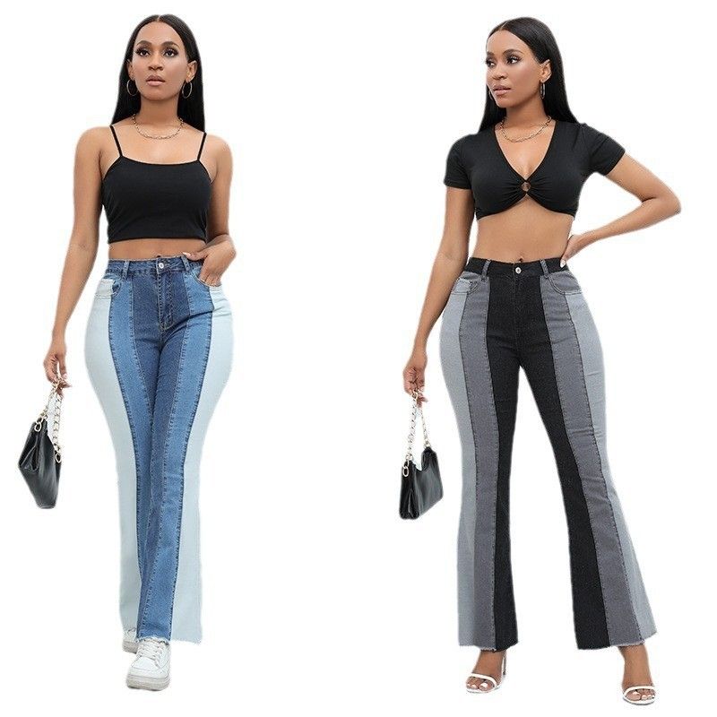 Women's Daily Casual Streetwear Color Block Full Length Contrast Binding Flared Pants Jeans