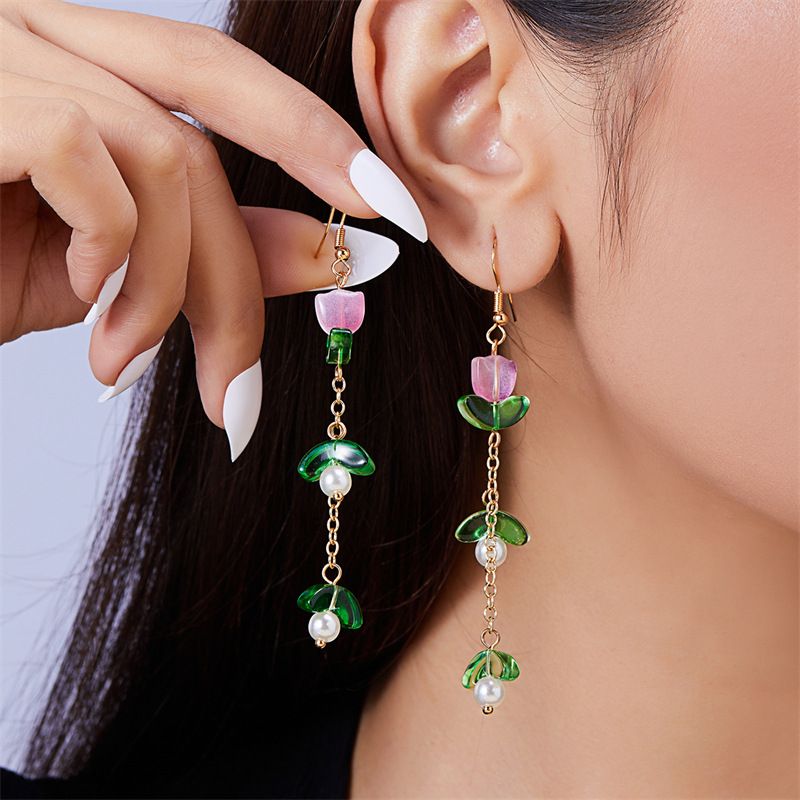 1 Pair Simple Style Classic Style Flower Patchwork Alloy Resin Drop Earrings