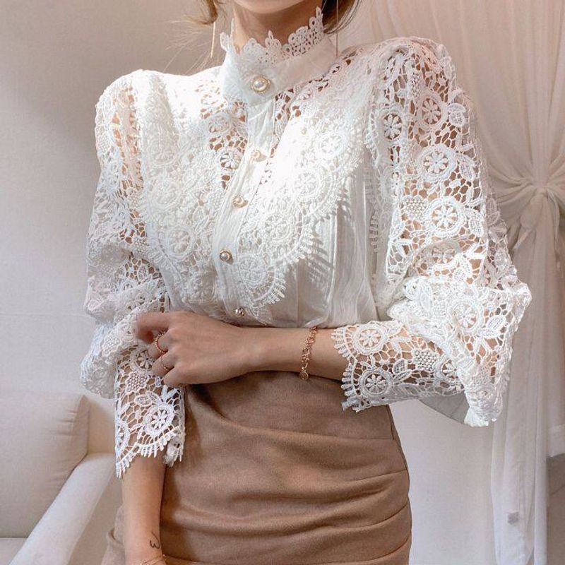 Women's Blouse Long Sleeve Blouses Lace Hollow Out Elegant Solid Color