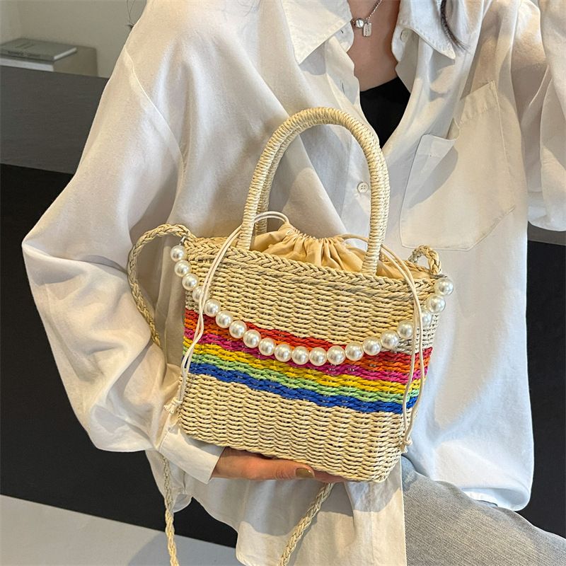 Women's Medium Straw Color Block Classic Style Square String Handbag