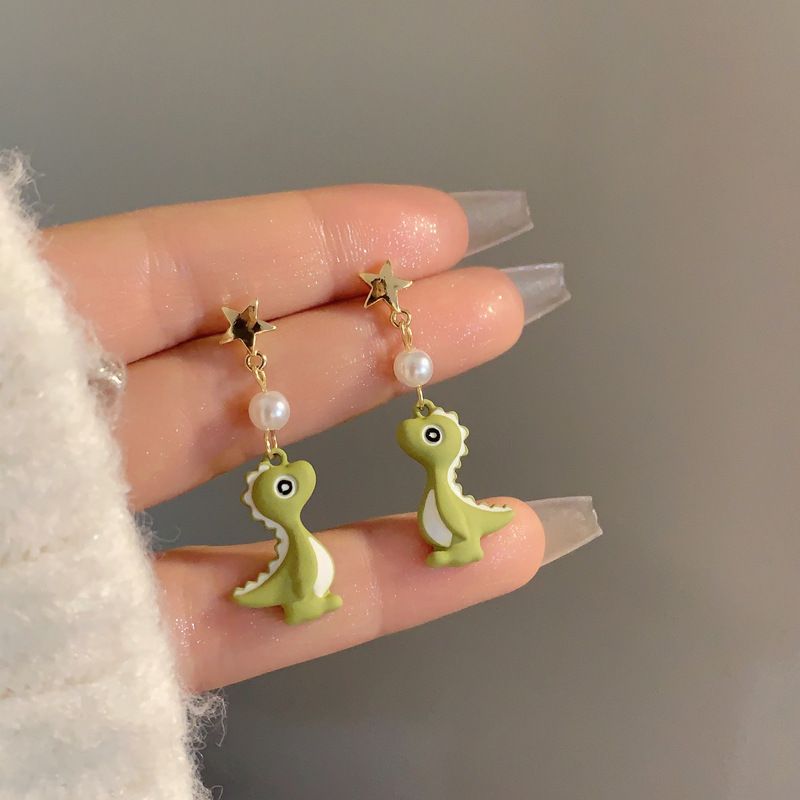 1 Paire Mignon Dinosaure Vernis Au Four Perle D'Imitation Alliage Boucles D'oreilles