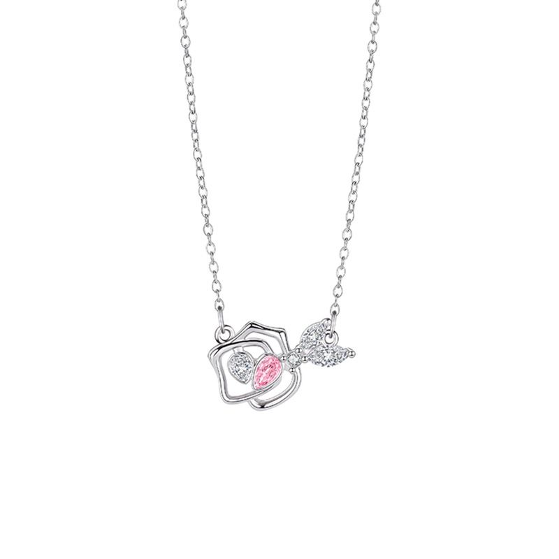 Titanium Steel Copper White Gold Plated Sweet Heart Shape Inlaid Zircon Pendant Necklace