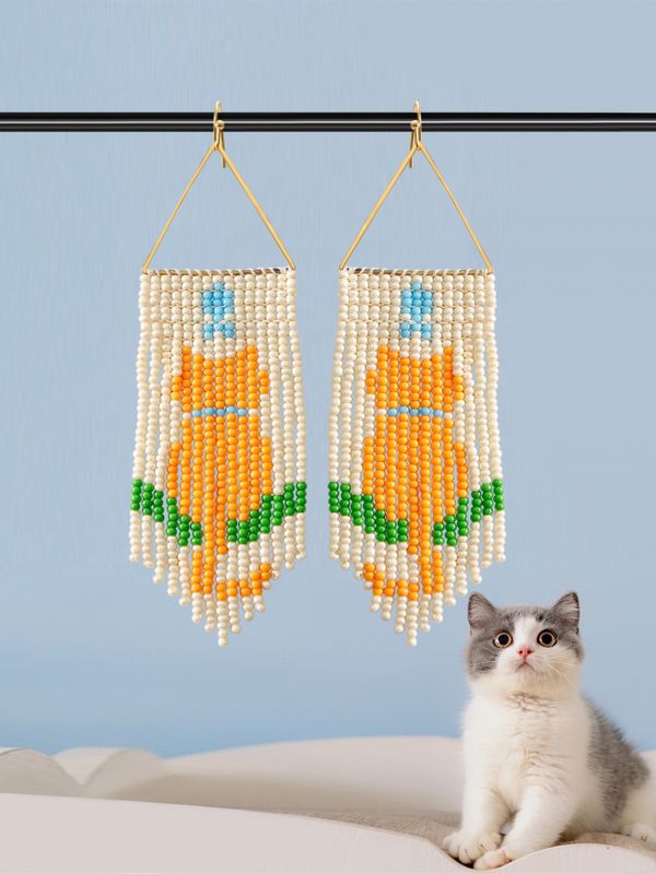 1 Pair Cute Bohemian Cat Beaded Tassel Seed Bead Drop Earrings