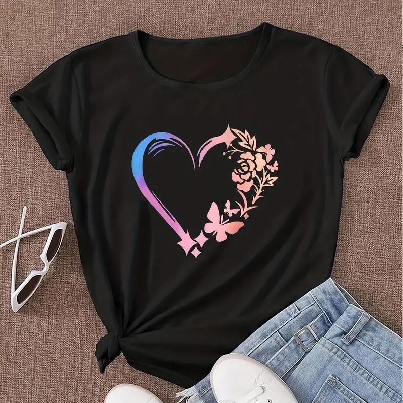 Women's T-shirt Short Sleeve T-Shirts Simple Style Heart Shape Flower Butterfly