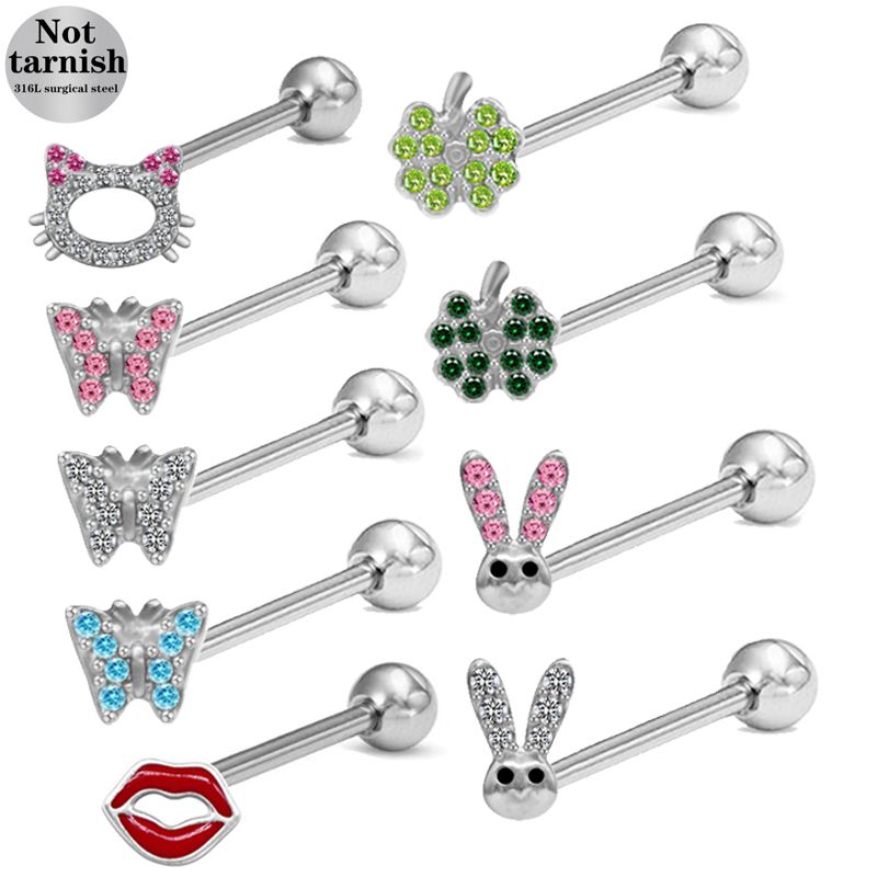 1 Piece Tongue Rings Cute Simple Style Animal Fruit Snowflake 316 Stainless Steel  Copper Inlay Rhinestones White Gold Plated Tongue Rings