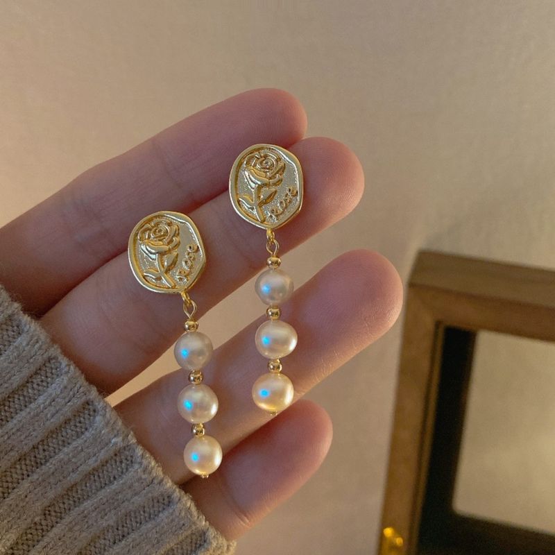 1 Pair Elegant Flower Plating Copper Alloy Drop Earrings