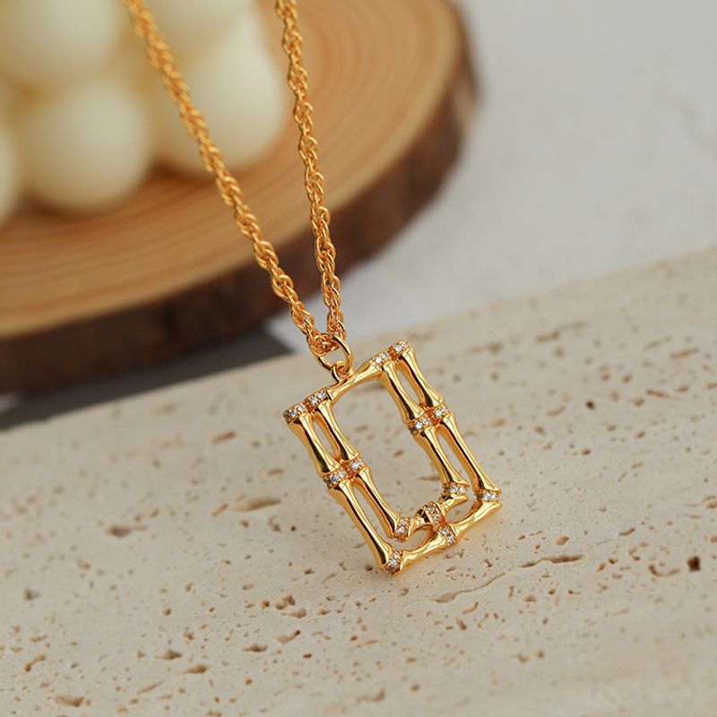 Copper Elegant Bamboo Rectangle Pendant Necklace