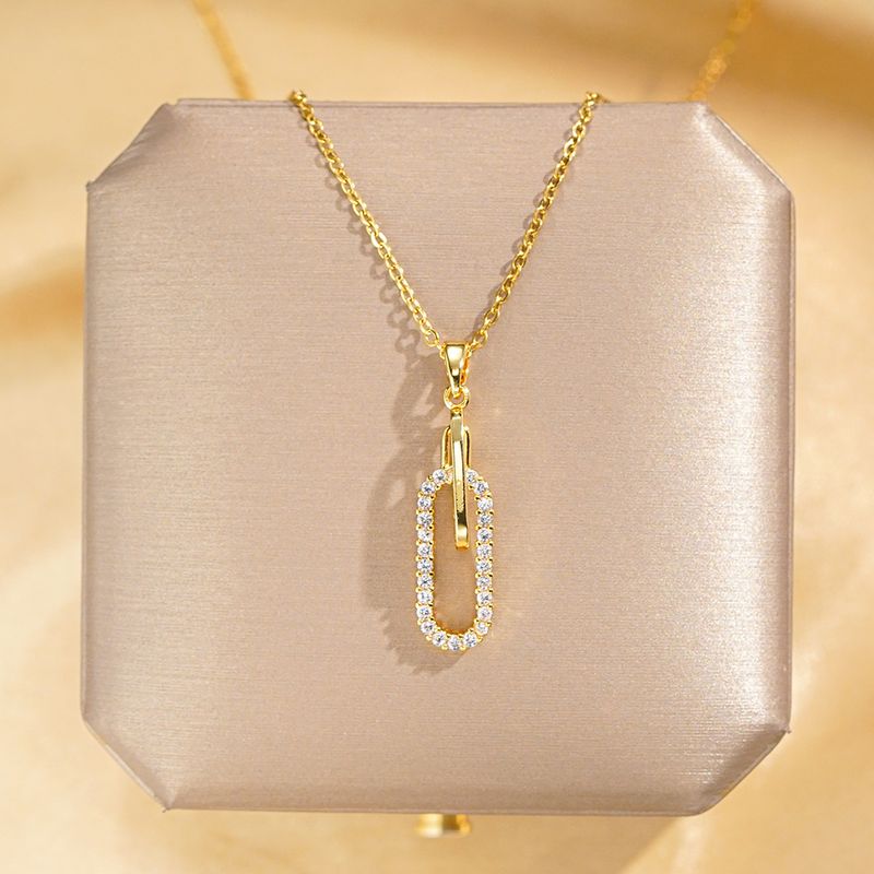Titanium Steel 18K Gold Plated IG Style Elegant Simple Style Inlay Paper Clip Oval Zircon Pendant Necklace