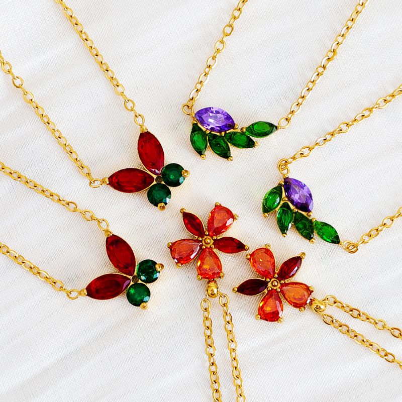 304 Stainless Steel Sweet Shiny Inlay Flower Butterfly Zircon Pendant Necklace