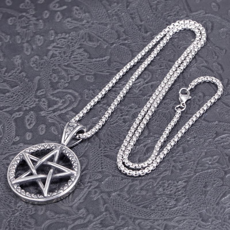 Stainless Steel Hip-Hop Round Star Pendant Necklace