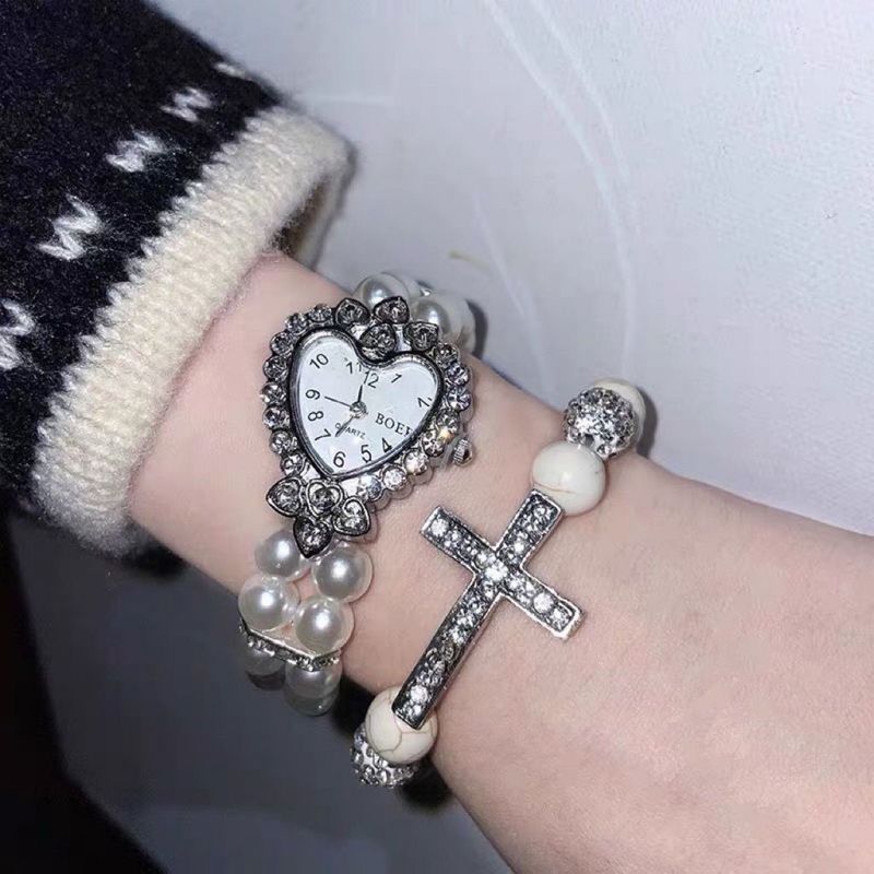 Sweet Cool Style Cross Heart Shape Artificial Pearl Stone Titanium Steel Inlay Rhinestones Women's Bracelets