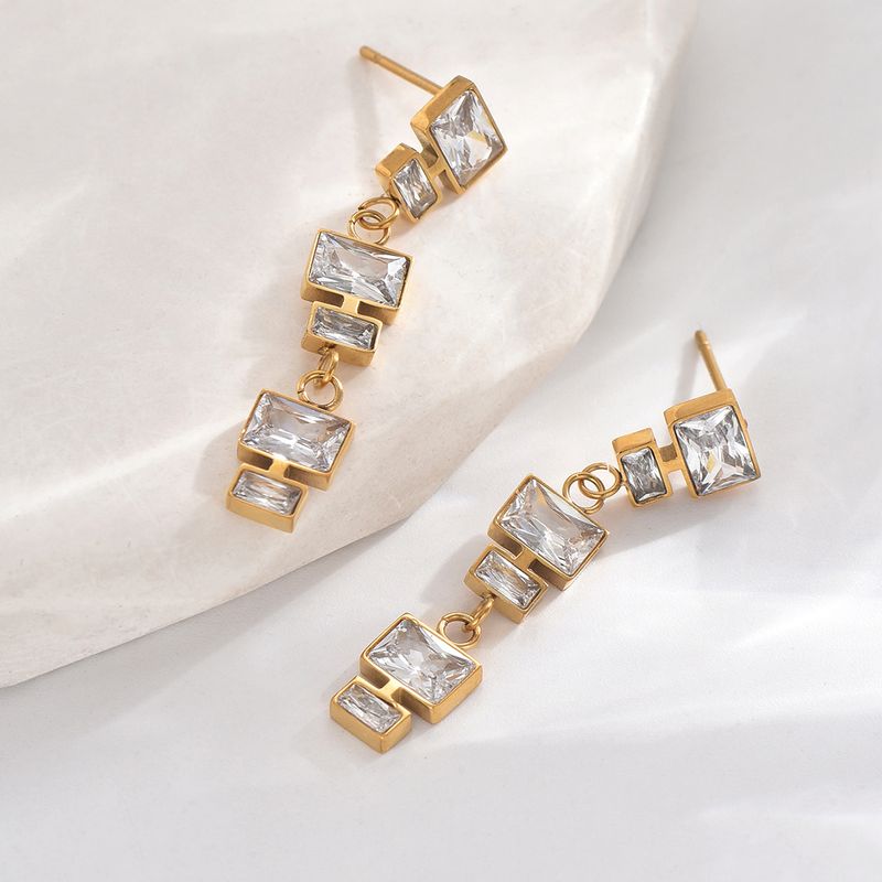 1 Pair Elegant Glam Wedding Rectangle Polishing Inlay 304 Stainless Steel Zircon 14K Gold Plated Drop Earrings