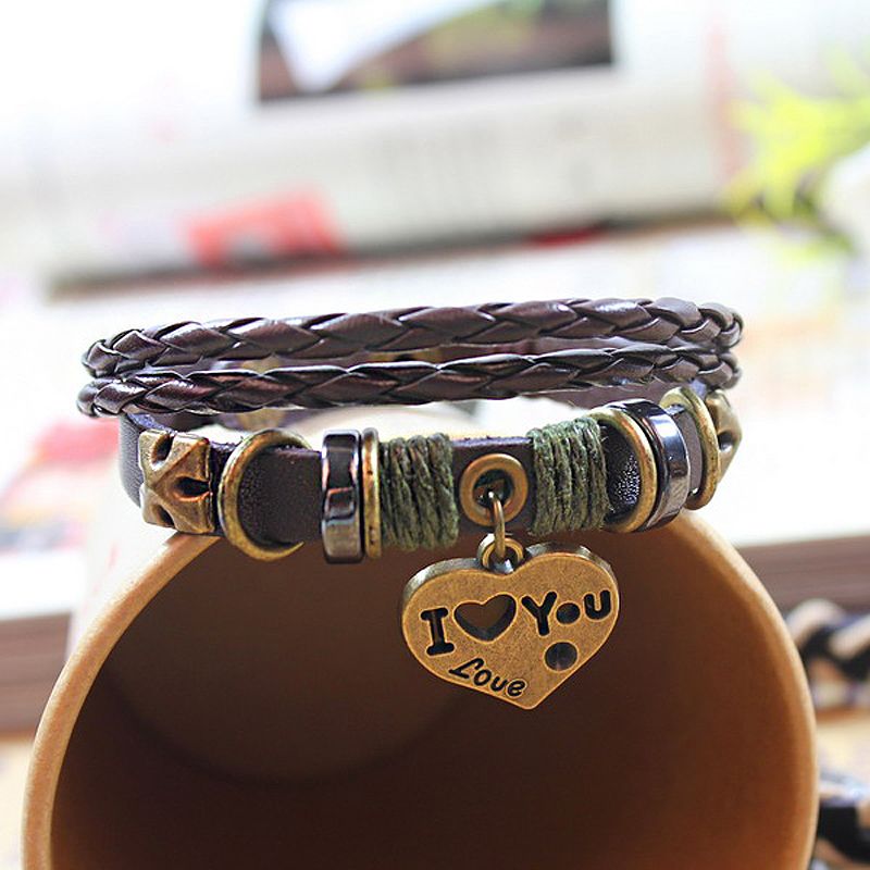 Vintage Style Romantic Classic Style Letter Heart Shape Alloy Leather Layered Hollow Out Unisex Wristband